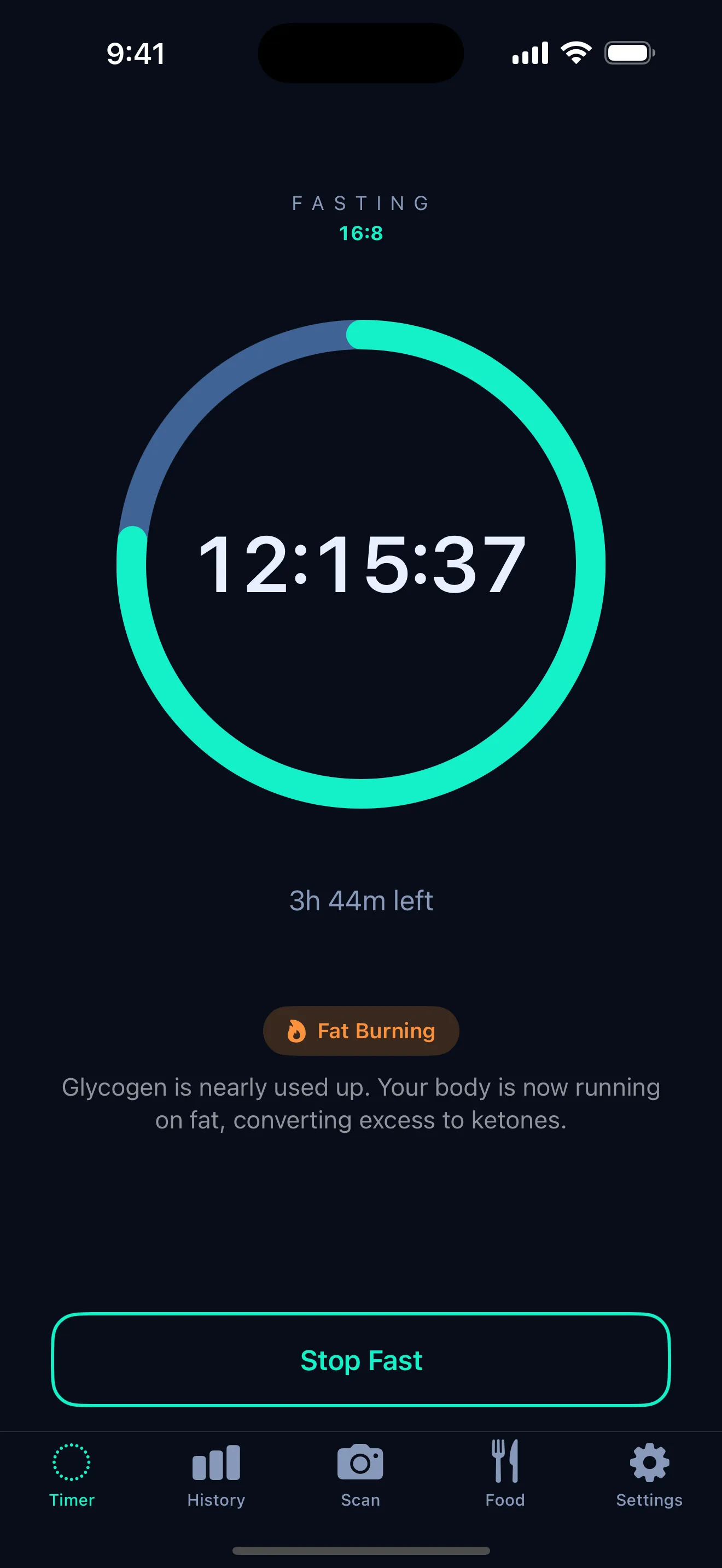 ArcFast iPhone fasting timer showing a fasting phase