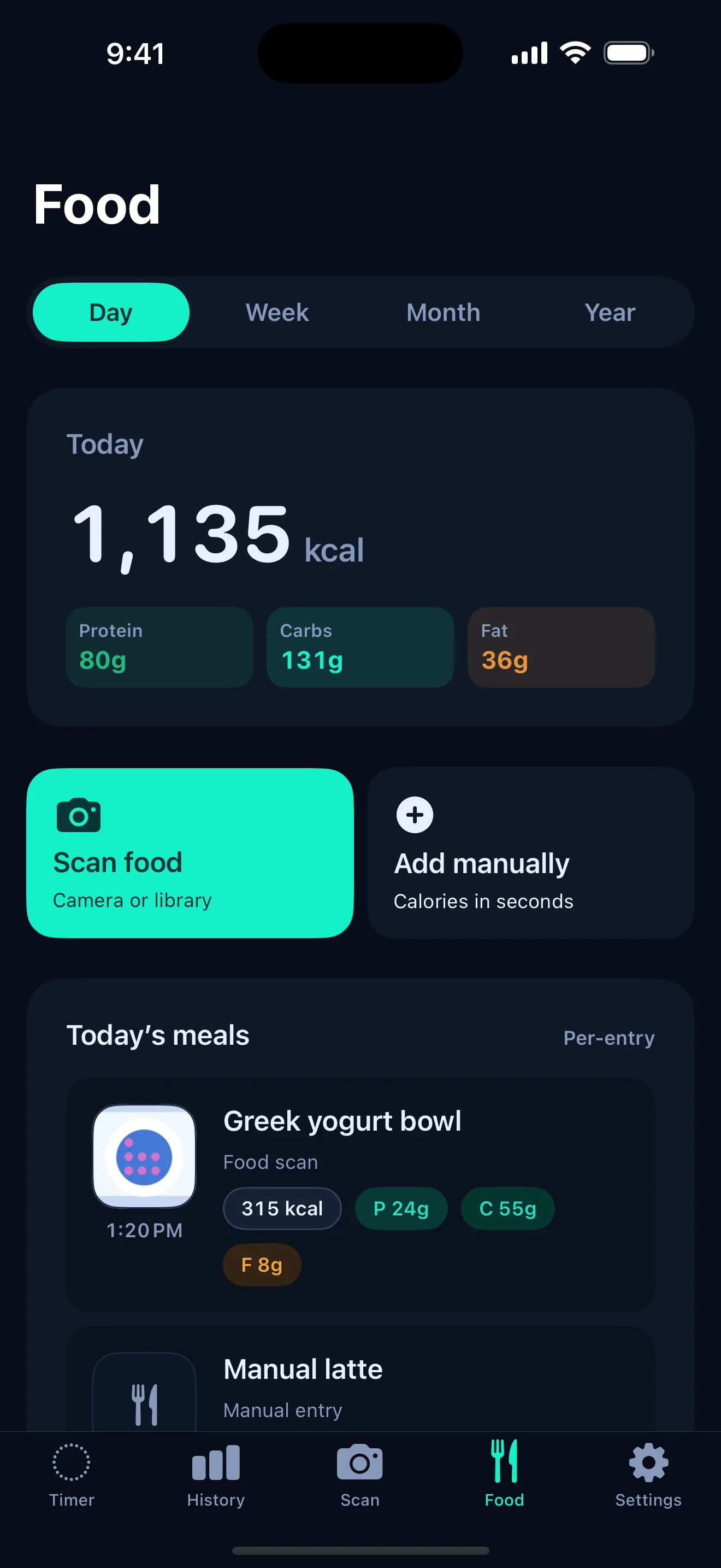 ArcFast food log with protein carbs fat and calories