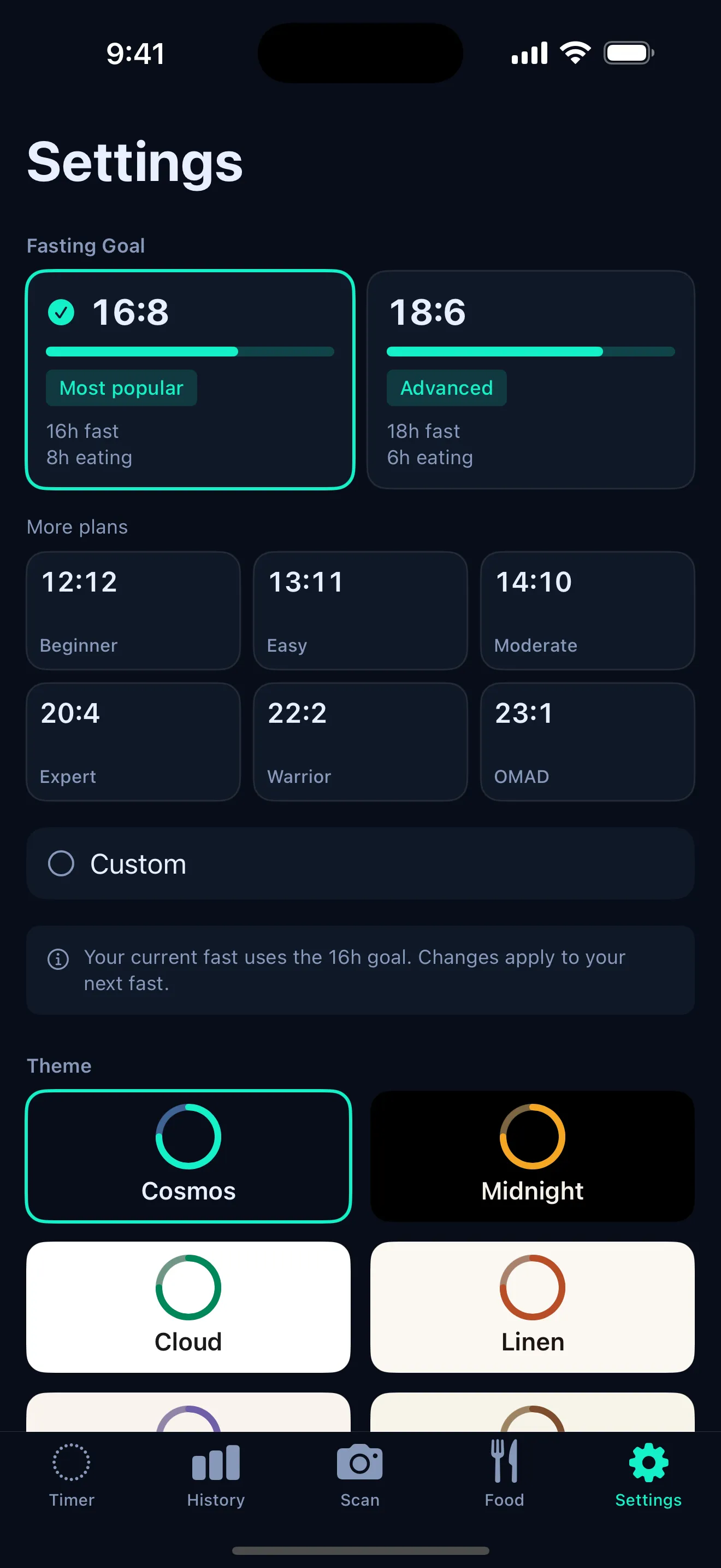 ArcFast settings with fasting plans and app themes